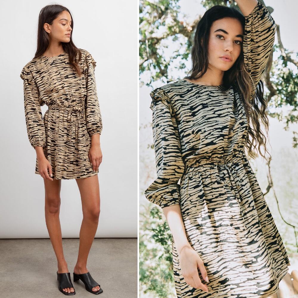 Rails Ora Canyon Abstract Print Long Sleeve Tie Waist Mini Dress Tan size M NEW